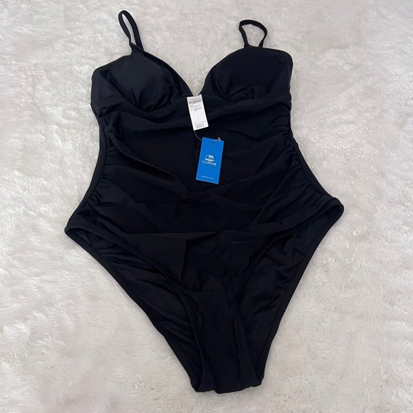 Cupshe Other - Cupshe Womens Black Ruched V-Neck One Piece Swimsuit Size Large  NWT